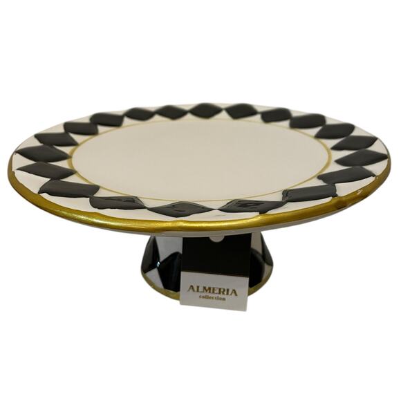 Almeria 8in Checkered Cake Stand Black White Ceramic MacKenzie Style Decor New - Picture 5 of 13